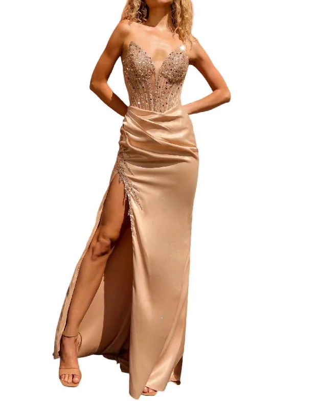 Crazy Deals Beaded Satin Fitted Strapless Slit Gown In Champ