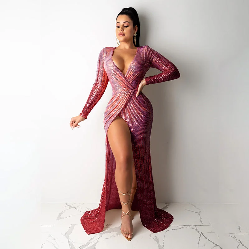 Online Specials Sequin Slit High Waist Long Sleeve Maxi Dress