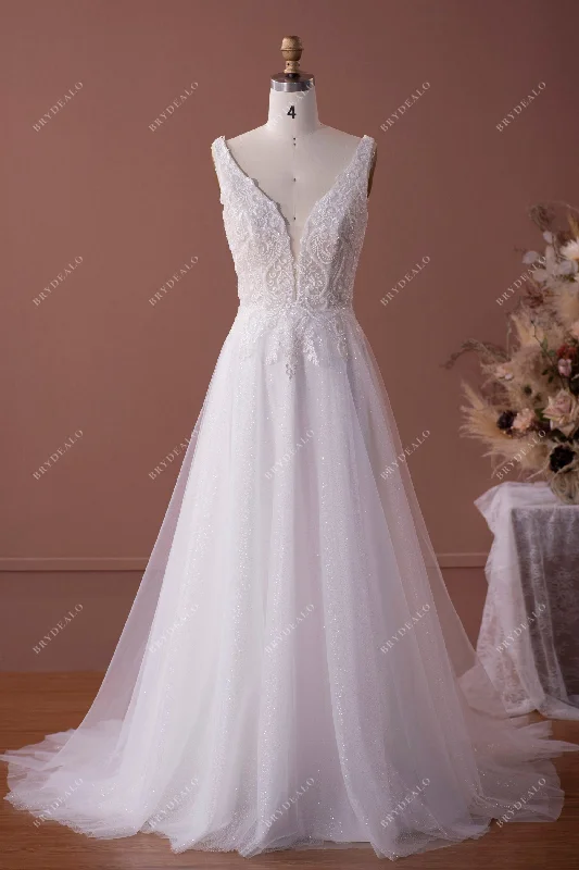 Deal Frenzy Beaded Lace Plunging Shimmery Sequined A-line Wedding Dress