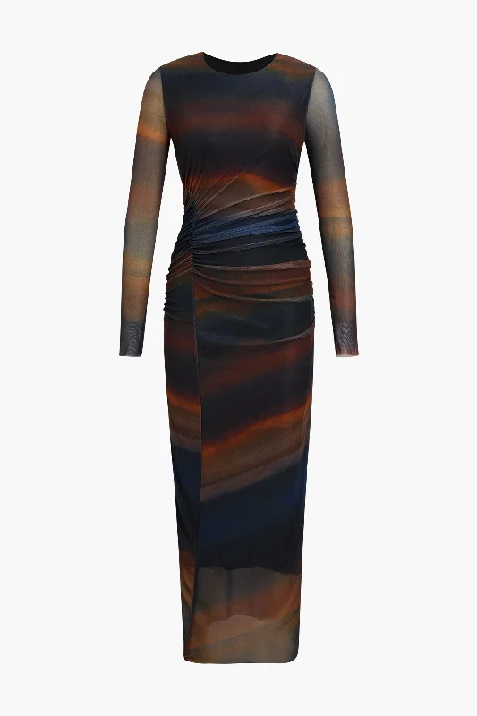 Crazy Deals Tie Dye Ruched Detail Mesh Midi Dress