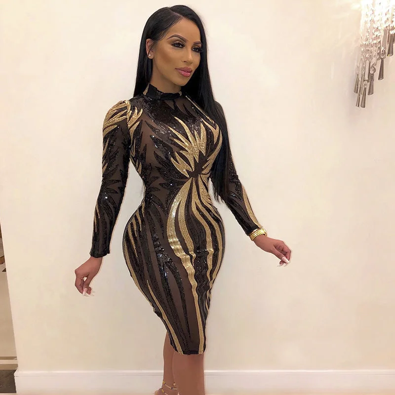 Mega Sale Sequin Sheer Mesh Patchwork Bodycon Long Sleeve Dress