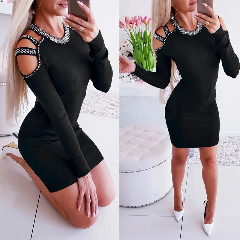 Great Bargains Cutout Rhinestone Bodycon Long Sleeve Dress