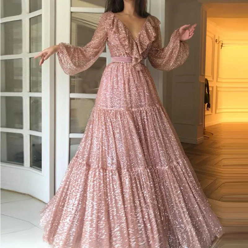 Markdowns Pink Sequin Long Sleeve Flapper Maxi Tuxedo Dress