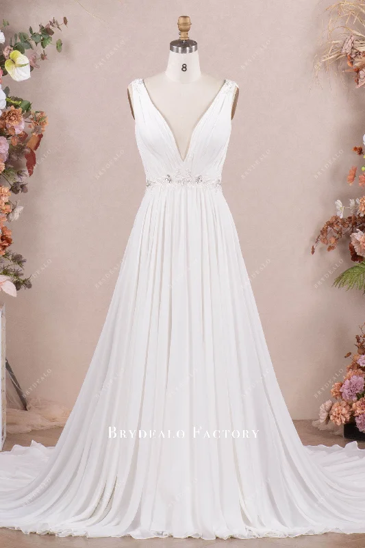 Buy More, Save More Straps Plunging Pleated Chiffon Long Train Wedding Dress