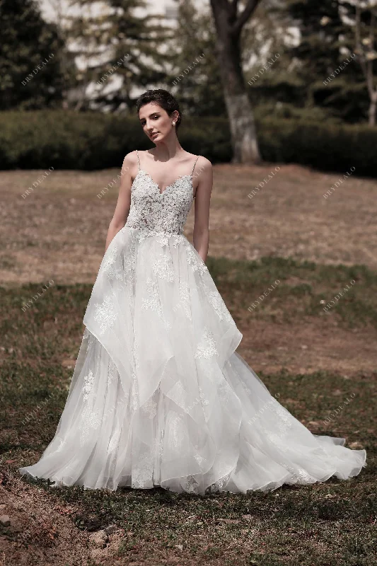 Discount Deals Spaghetti Strap Lace Puffy Ruffled Wedding Dress