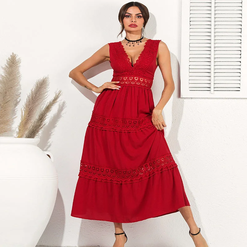 Price Rollback Beach Lace Patchwork Sleeveless Backless Maxi Dress