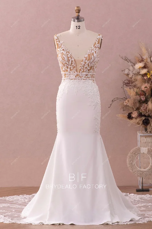 Extra Savings Plunging Beaded Lace Crepe Cutout Train Mermaid Bridal Dress