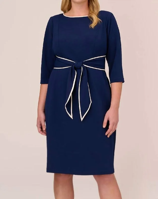Special Price Sateen Knit Crepe Tie Dress In Navy