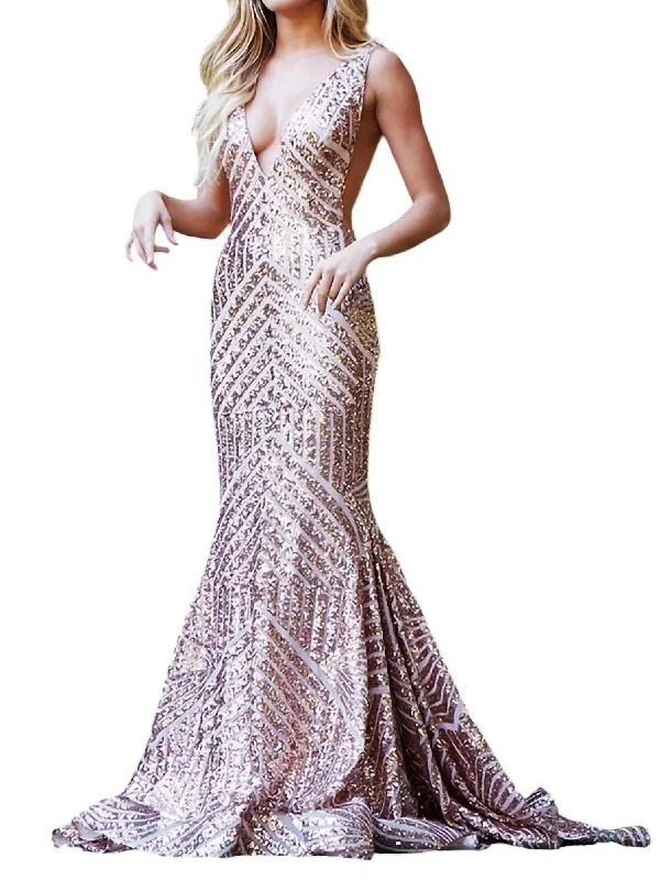 Seasonal Clearance Sequin Embellished V-Neck Dress In Rosegold