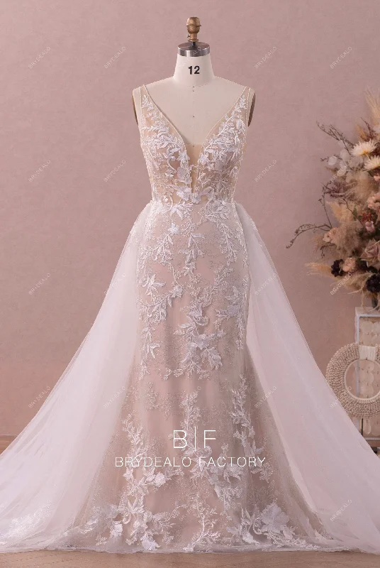 Discount Days Beaded Plunge Neck Lace Mermaid Overskirt Bridal Gown