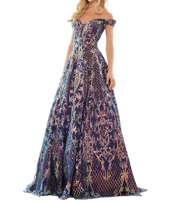 Weekend Special Off Shoulder Sequined Evening Dress In Navy
