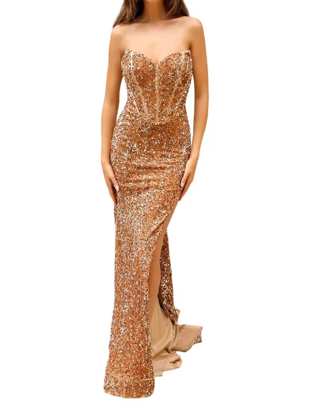 Warehouse Sale Fit & Flare Maxi Gown In Gold
