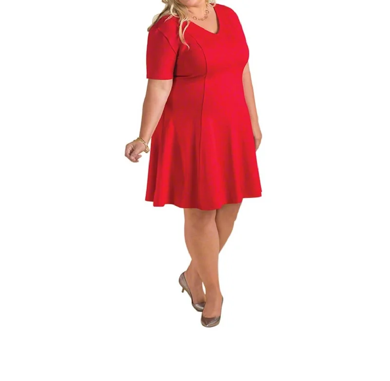 Daily Specials Short Sleeve V-Neck Ponte Fit And Flare Dress - Plus Size In Bright Red