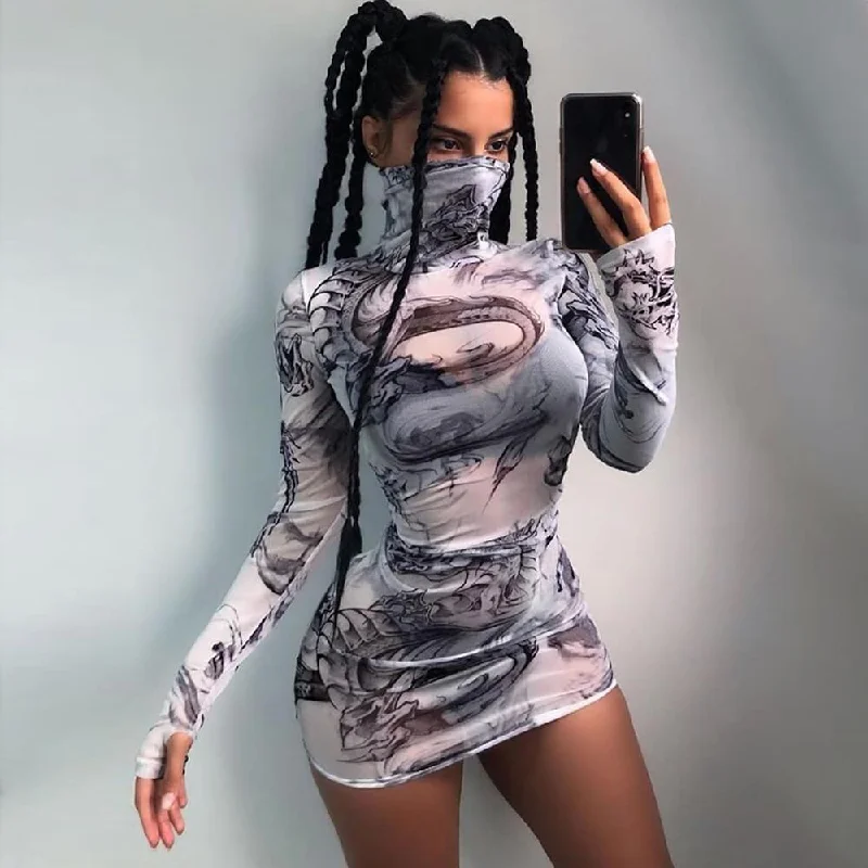 Holiday Sale White Turtleneck Mesh Print See Through Bodycon Dress