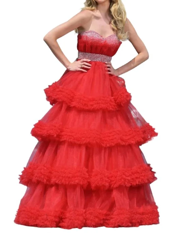Closeout Sale Beaded Ruffle Tulled Dress In Red