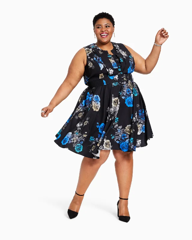 Value Deals Lyra Belted Fit & Flare Dress  | Black / Royal Blue