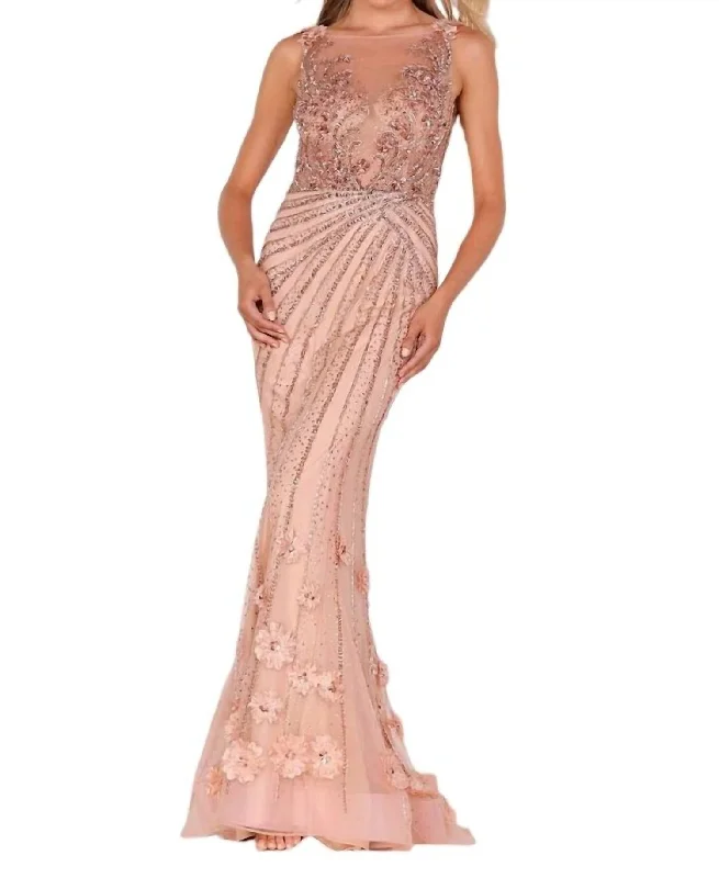 Best Deals Sleeveless Floral Lace Gown In Champ/blush