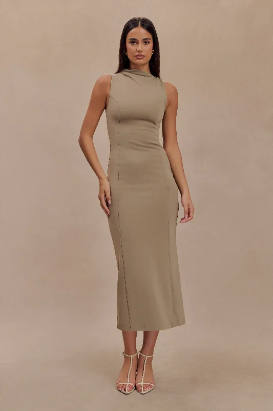 Don’t Miss Out Taylor Draped Stretch Crepe Midi Dress - Mushroom