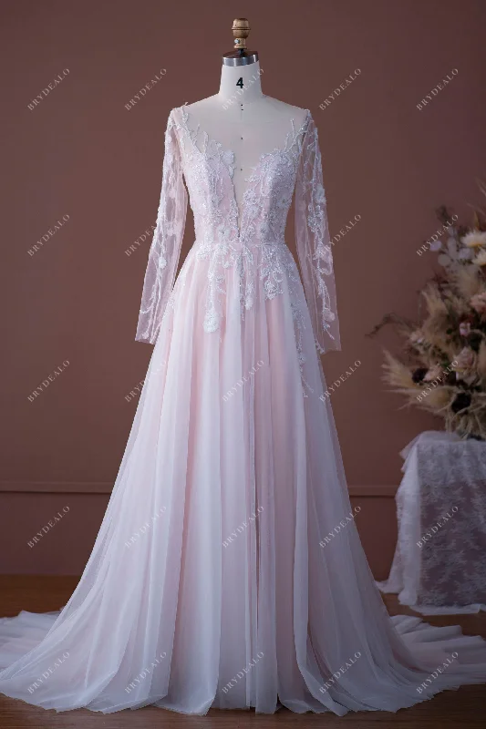 Special Discount Fairy Pink Lace Tulle Illusion Wedding Dress