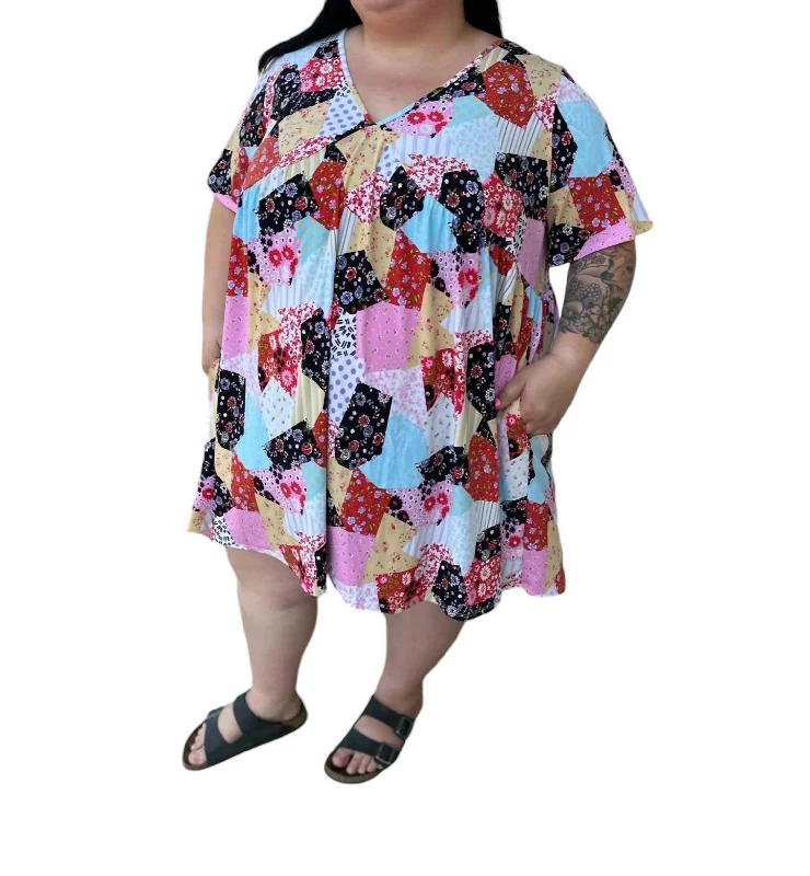 Price Cut Floral Patchwork V-Neck Dress In Multicolor