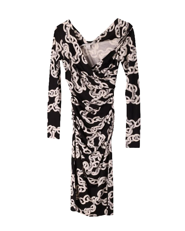 Sale Event Diane Von Furstenberg Chain Printed Wrap Dress in Black Silk