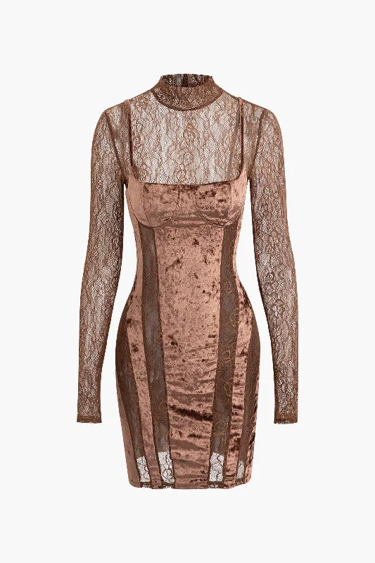 Discount Extravaganza Lace Panel Velvet Mock Neck Long Sleeve Mini Dress