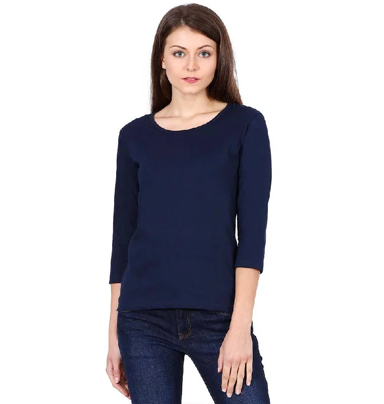 Stock Up and Save Plain Navy Blue Full Sleeves T-Shirt for Women