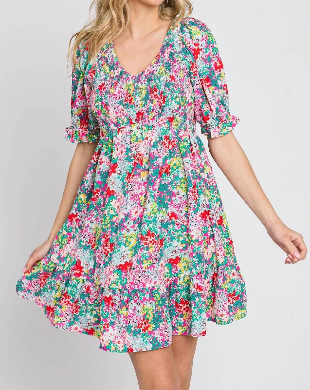 Overstock Dainty Floral Print Babydoll Dress In Fuchsia