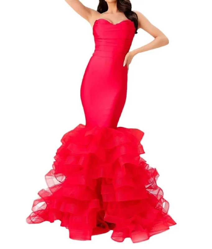 Best Bargains Ruched Strapless Mermaid Gown With Ruffled Skirt In Red