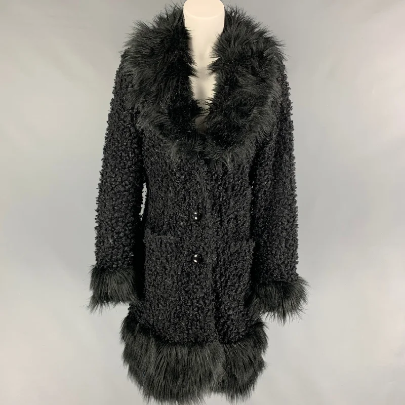 Super Sale ANNA SUI Size M Black Polyester Textured Faux Fur Coat