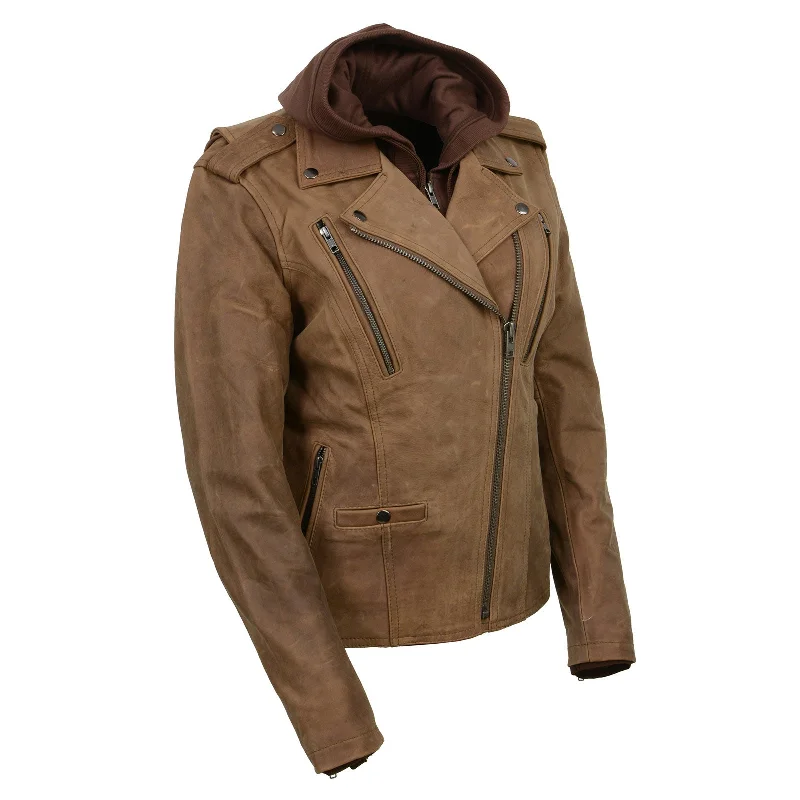 One-DAY Sale Milwaukee Leather MLL2511 Women's 'Damsel' Vintage Crazy Horse Brown Leather Jacket w/ Removable Hoodie One-DAY Sale Milwaukee Leather MLL2511 Women's 'Damsel' Vintage Crazy Horse Brown Leather Jacket w/ Removable Hoodie