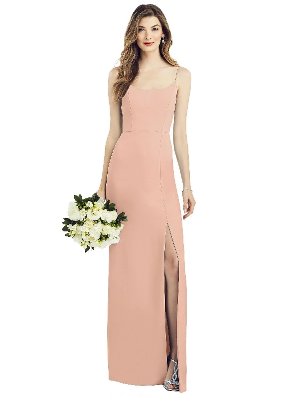 Limited Time Discount Spaghetti Strap V-Back Crepe Gown with Front Slit