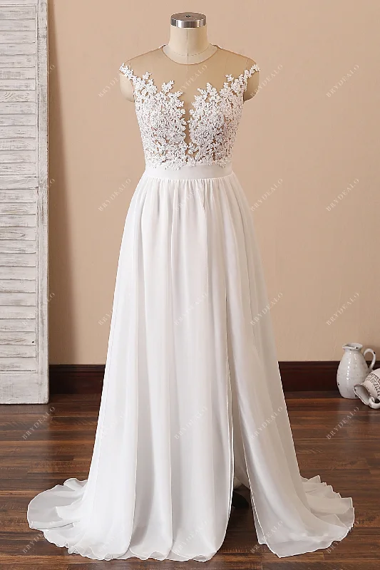 Savings Bonanza Cap Sleeve Lace Chiffon Slit Beach Wedding Dress
