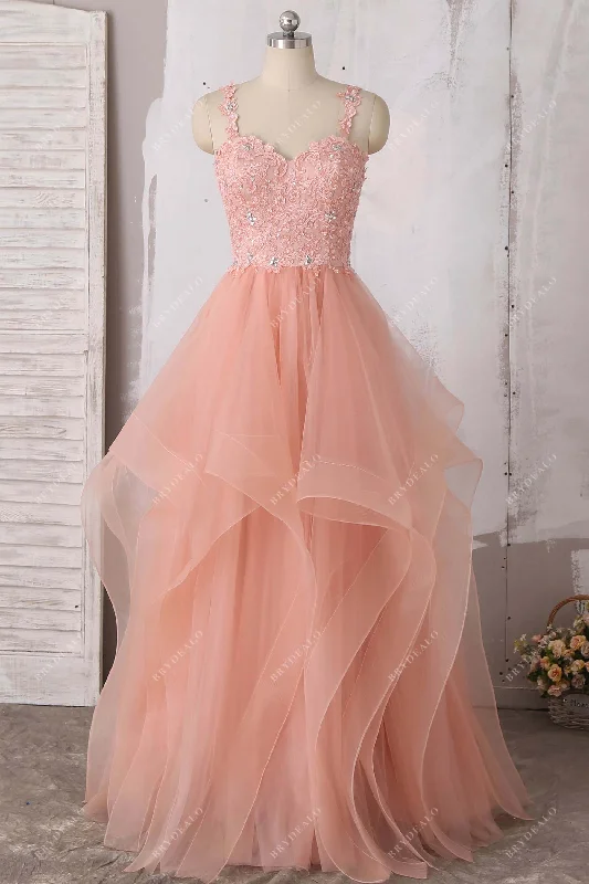 Huge Discounts Peach Pink Straps Lace Tulle Tiered Wedding Dress