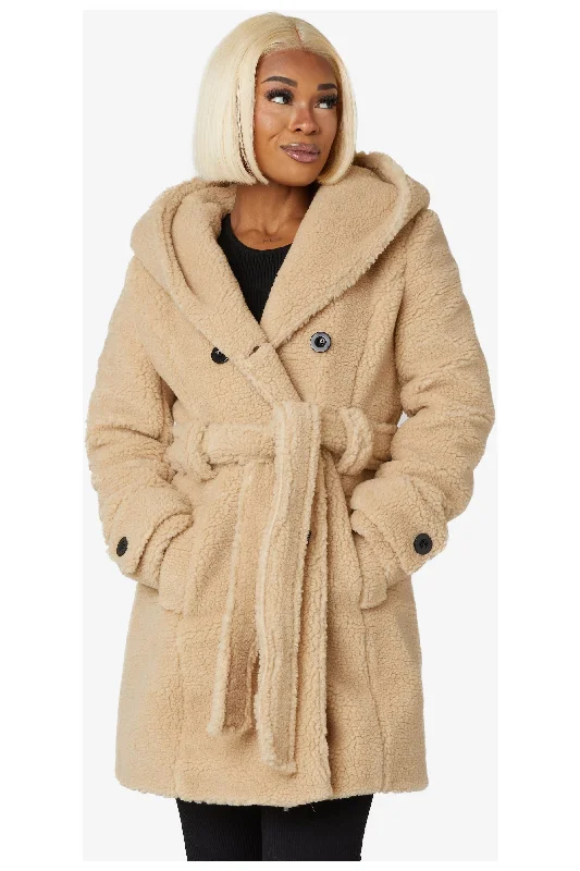 Overstock Sale De La Creme Fashions Slim Fit Double Breasted Hooded Borg Teddy Coat
