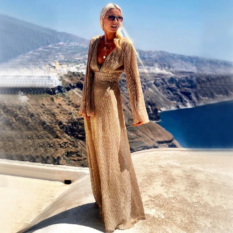 Act Now Sequin High Waist V Neck Long Sleeve Dress