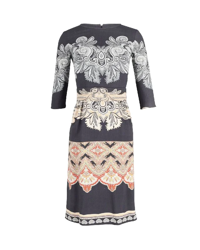 Daily Specials Etro Belted Printed Midi Dress in Black Print Wool