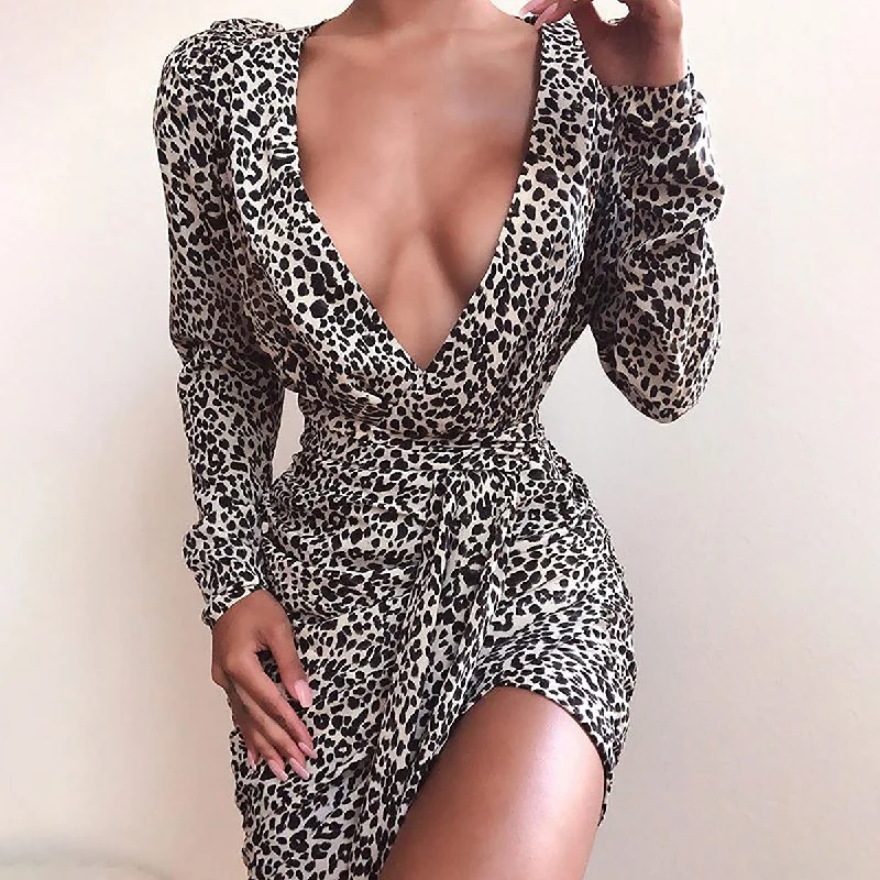 Great Bargains Leopard Long Sleeve Bodycon V Neck Wrap Dress