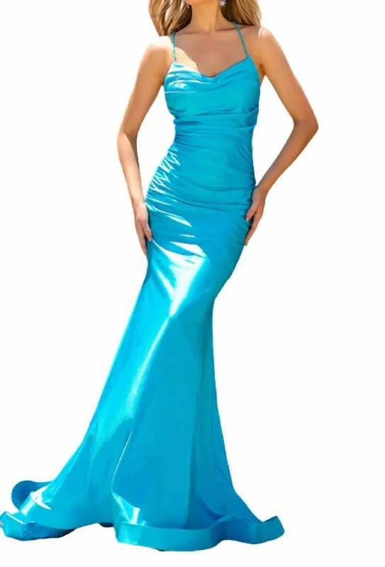 New Deals Cowl-Neck Long Formal Prom Dress With Train In Turquise