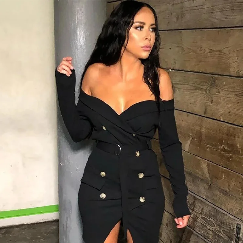 Bargain Prices Long Sleeve Bodycon Off Shoulder Belt Dress