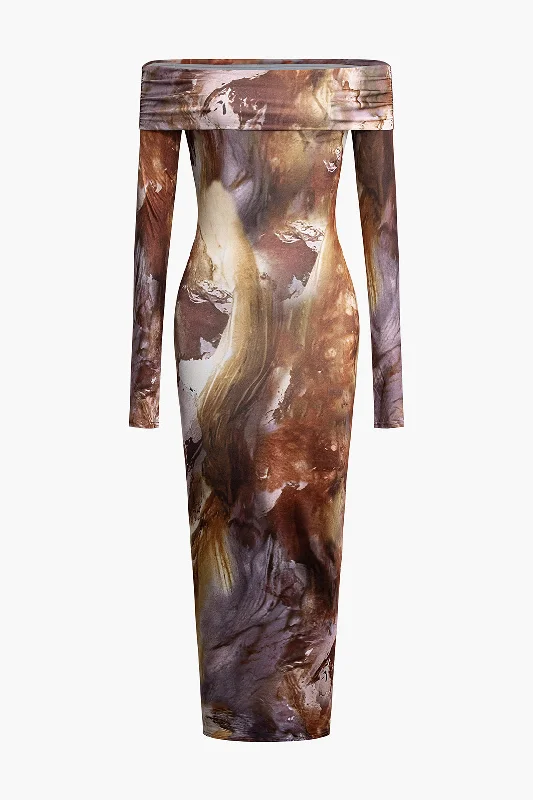 Discount Deals Tie Dye Long Sleeve Off Shoulder Midi Dress