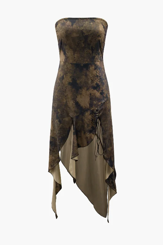 Daily Deals Tie Dye Asymmetric Ruffle Strapless Midi Dress