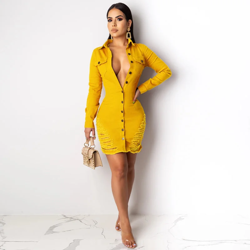 Savings Spectacular Bodycon Long Sleeve Button Slim Denim Dress