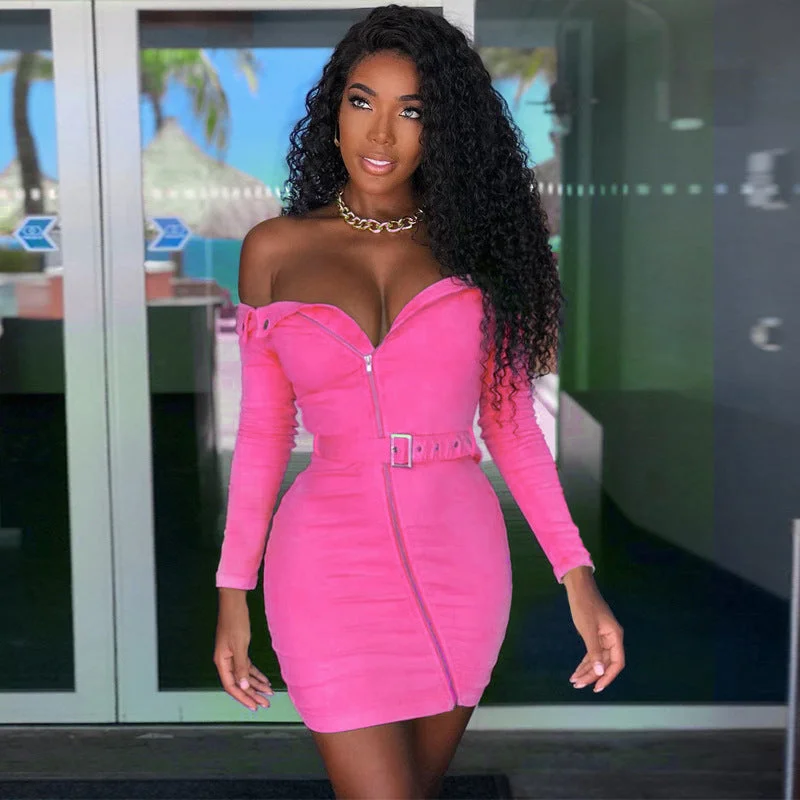 Unbeatable Prices Off Shoulder Belt Zipper Bodycon Long Sleeve Dress