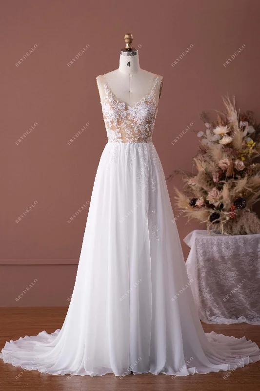 Final Markdown Beaded Illusion Lace Chiffon Boho Wedding Dress