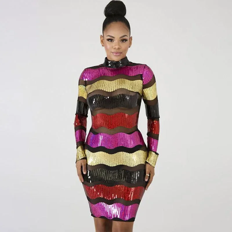 Epic Deals Sequin Colorblock Sheer Bodycon Long Sleeve Dress