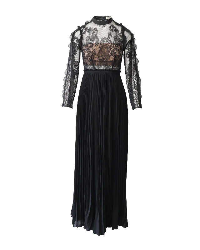 New Deals Self-Portrait Long Sleeve See-Through Maxi Dress in Black Polyester
