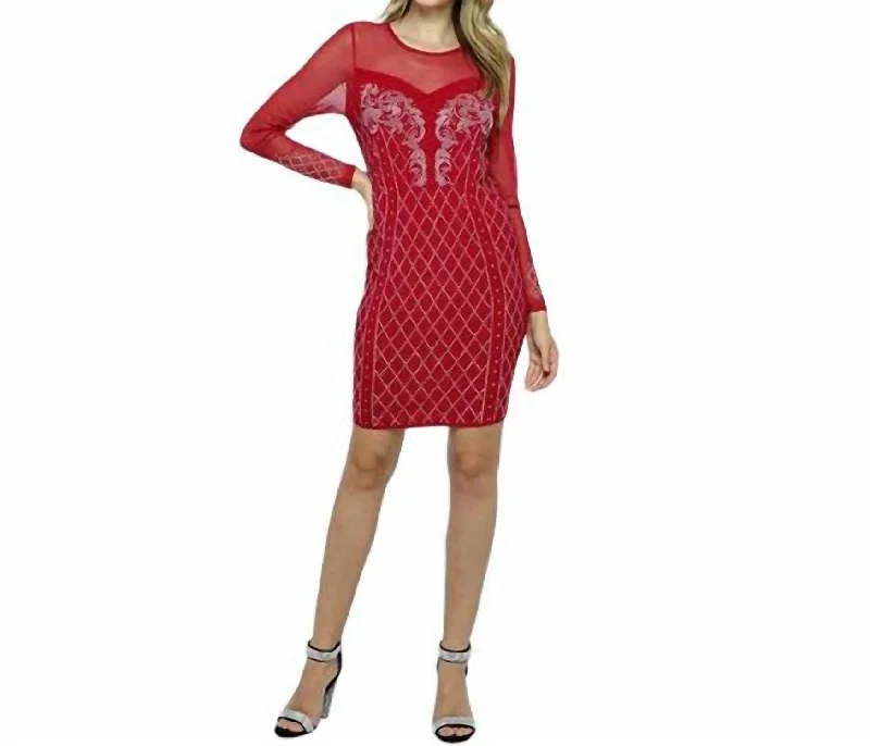 Price Rollback Long Sleeve Dress Embellished With Rhinestones In Red