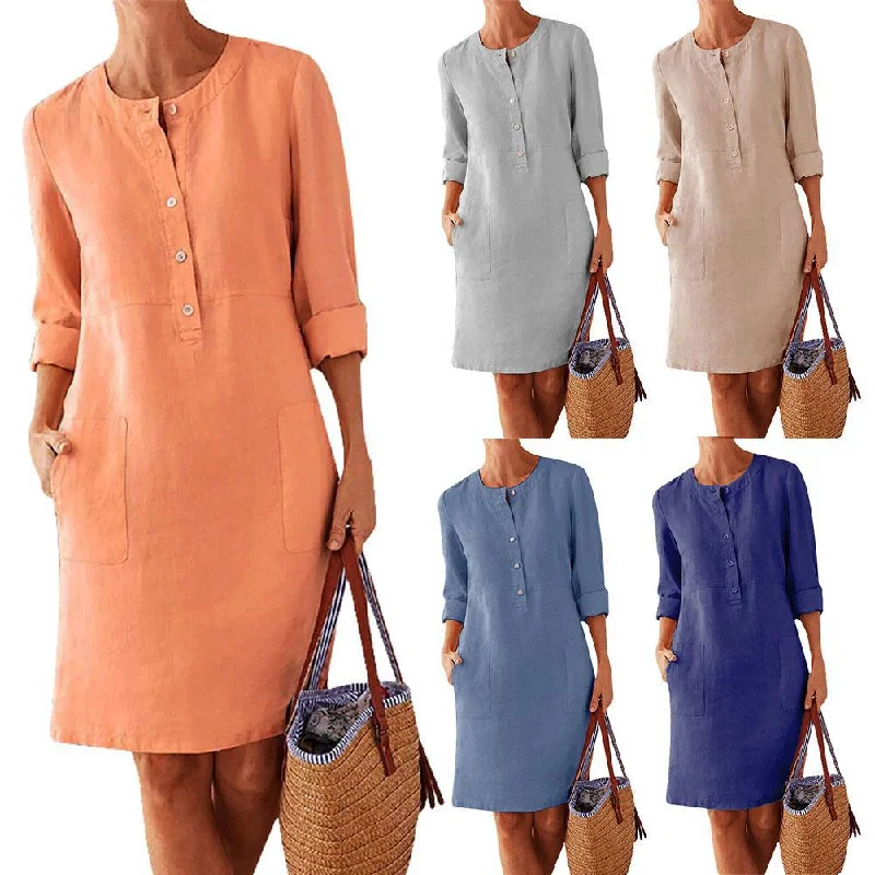 Sale Event Loose O Neck Button Long Sleeve Plain Dress