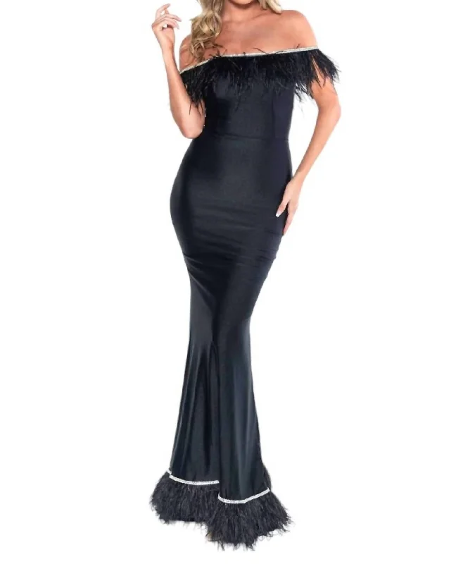 Price Break Off Shoulder Satin Gown With Feather Trim In Black